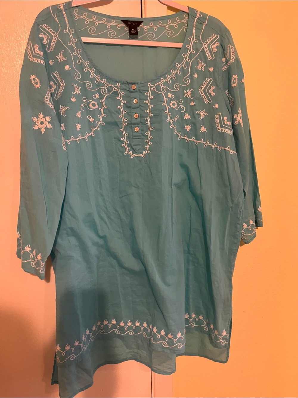 Intro Brand Turquoise Embroidered Cotton Tunic Top